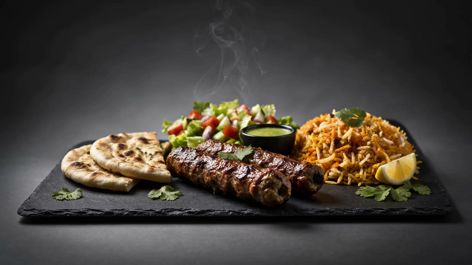 A finished Grilling Hut plate — charcoal-grilled kebabs, karahi and saffron biryani