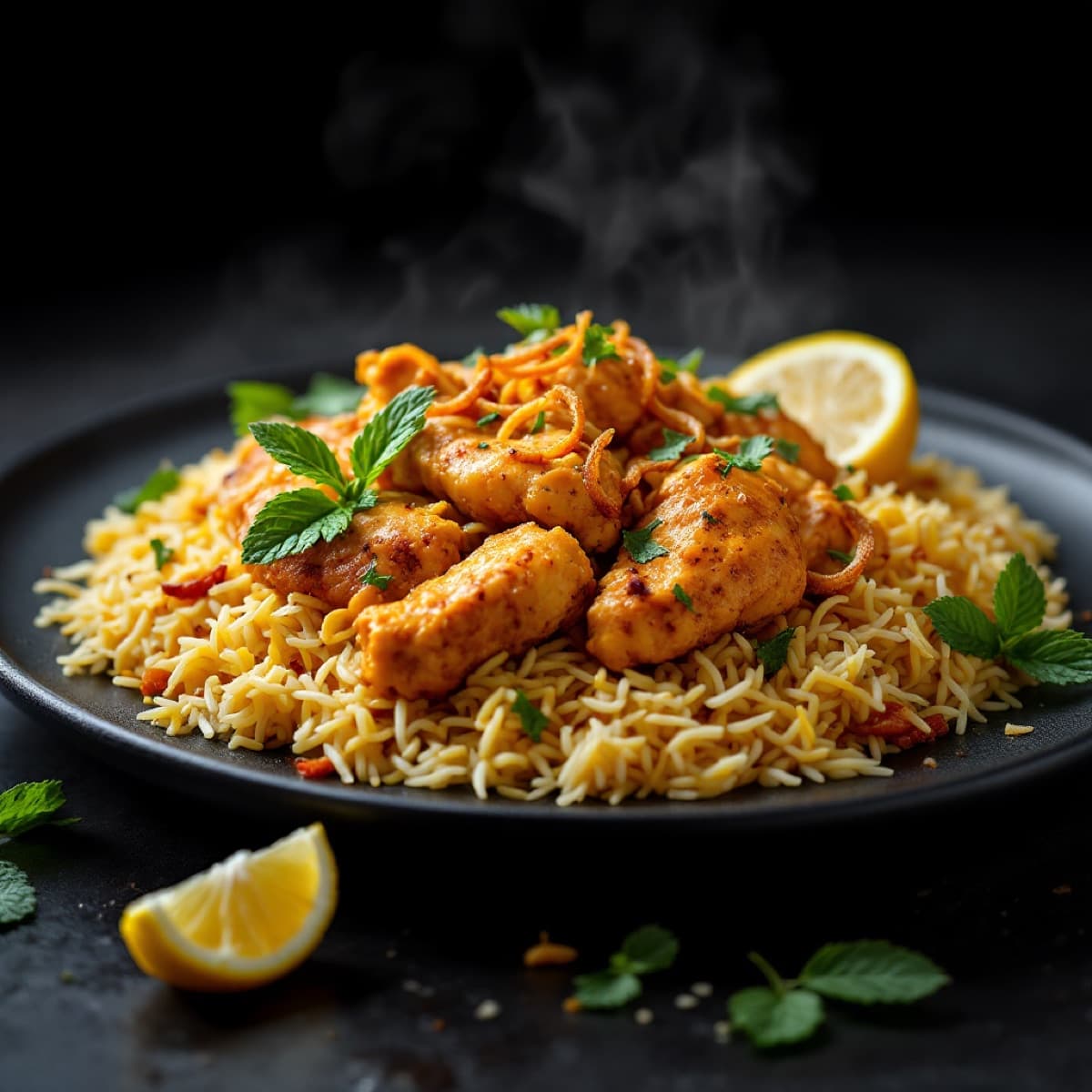 Saffron-layered Sindhi chicken biryani with fried onion at Grilling Hut