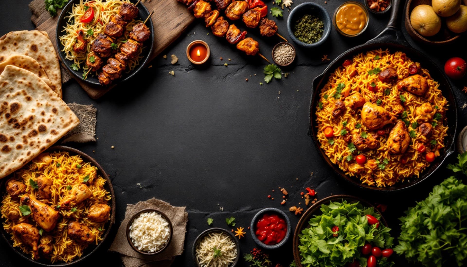 A lavish Grilling Hut catering spread of biryani, karahi, kebabs and naan