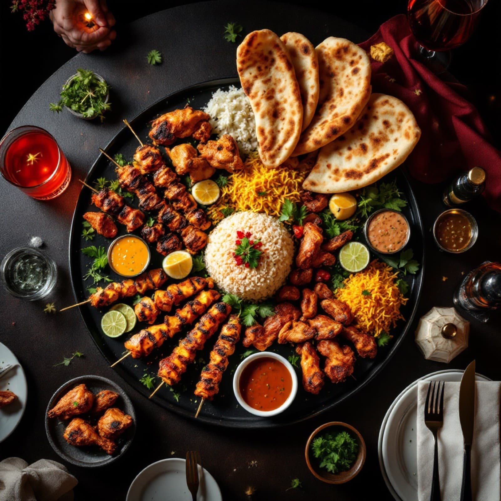 Large family platter of grilled meats, naan and rice at Grilling Hut
