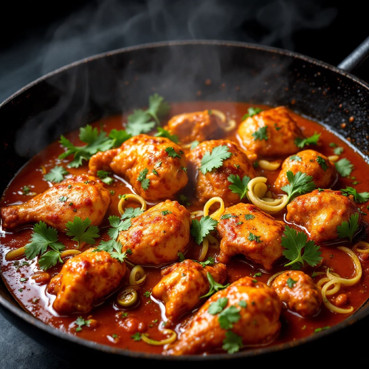 Sizzling chicken karahi in a black cast-iron wok at Grilling Hut