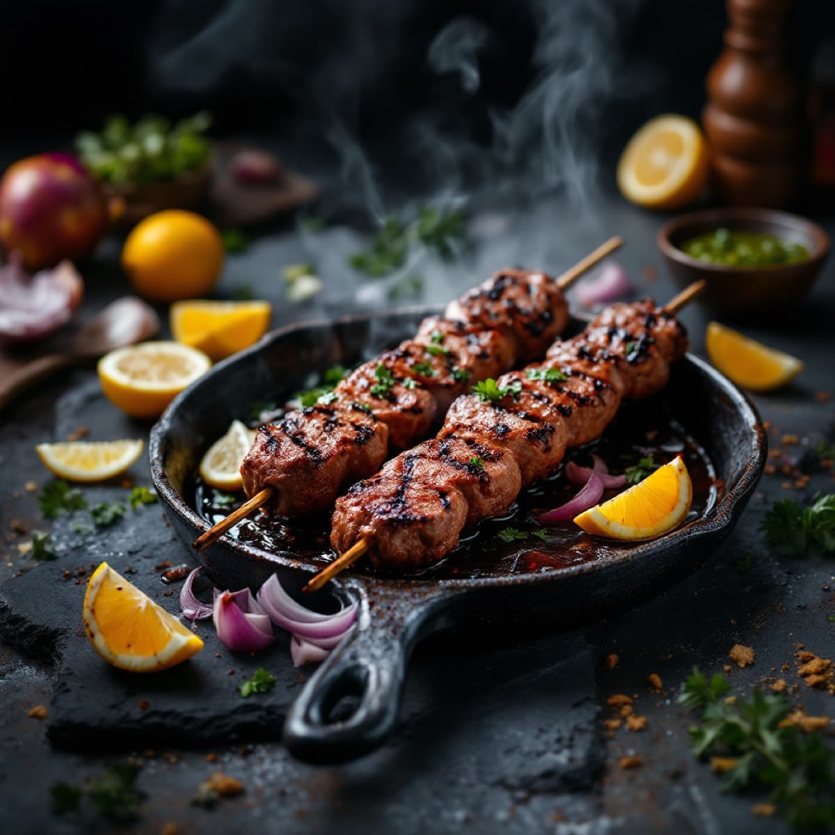 Charcoal-grilled beef seekh kebabs on skewers at Grilling Hut