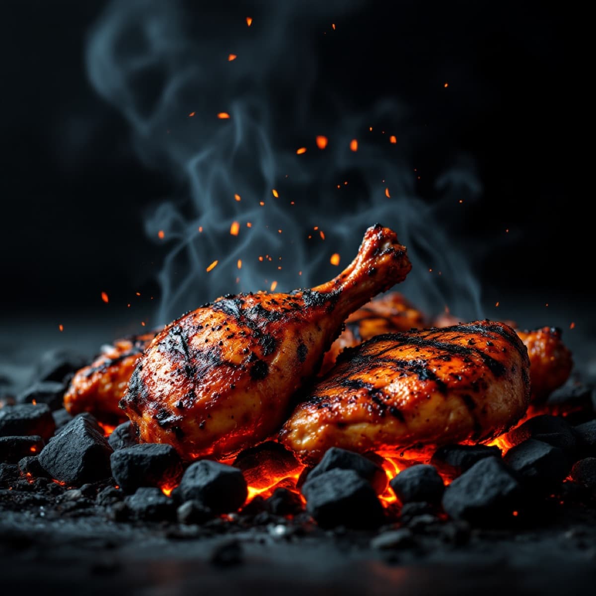 Bone-in tandoori chicken charred over glowing coals at Grilling Hut